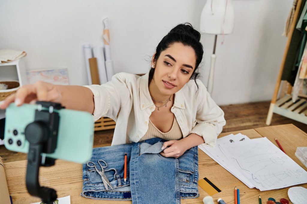 Femme en tenue occasionnelle, vêtements de recyclage, avec une caméra.